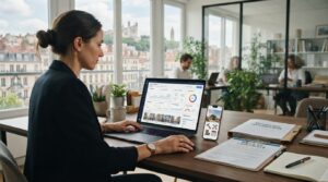 Espace de travail numérique dédié à la gestion immobilière avec tableau de bord et documents