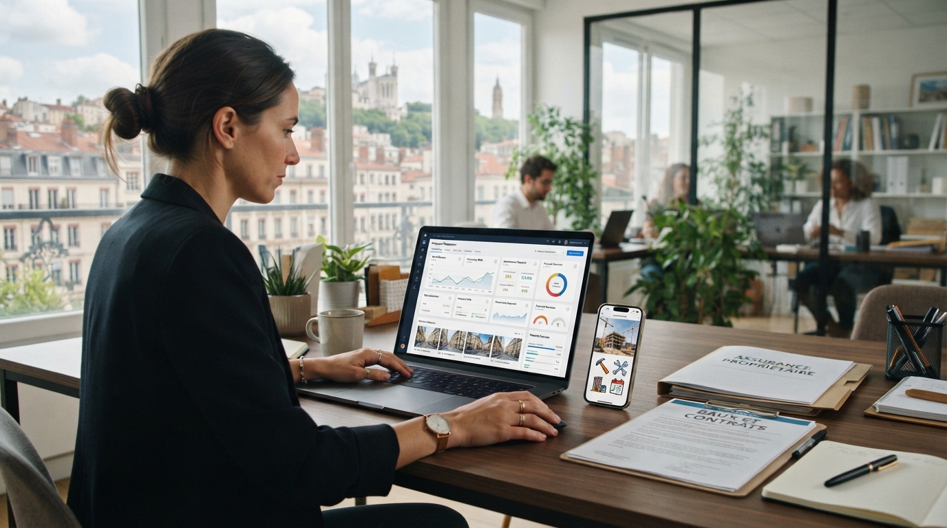 Espace de travail numérique dédié à la gestion immobilière avec tableau de bord et documents