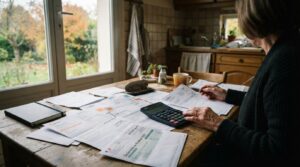 Table avec documents financiers, factures et calculatrice pour gérer le budget du foyer