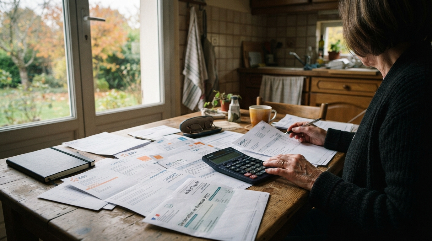 Table avec documents financiers, factures et calculatrice pour gérer le budget du foyer