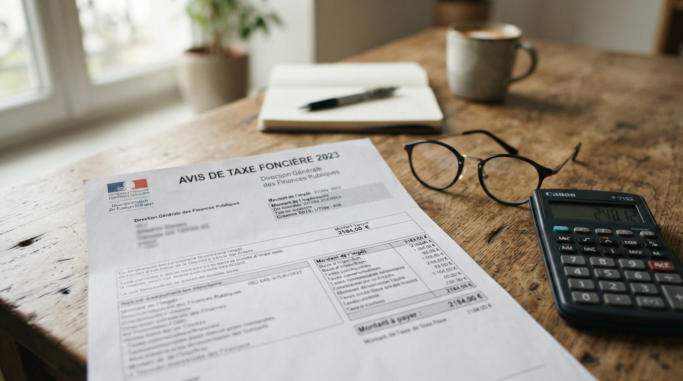 Avis de taxe foncière avec calculatrice posés sur une table