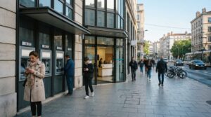 Personnes consultant leur téléphone devant des distributeurs automatiques de banque