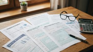 Documents de pension de retraite et formulaires fiscaux sur un bureau avec calculatrice