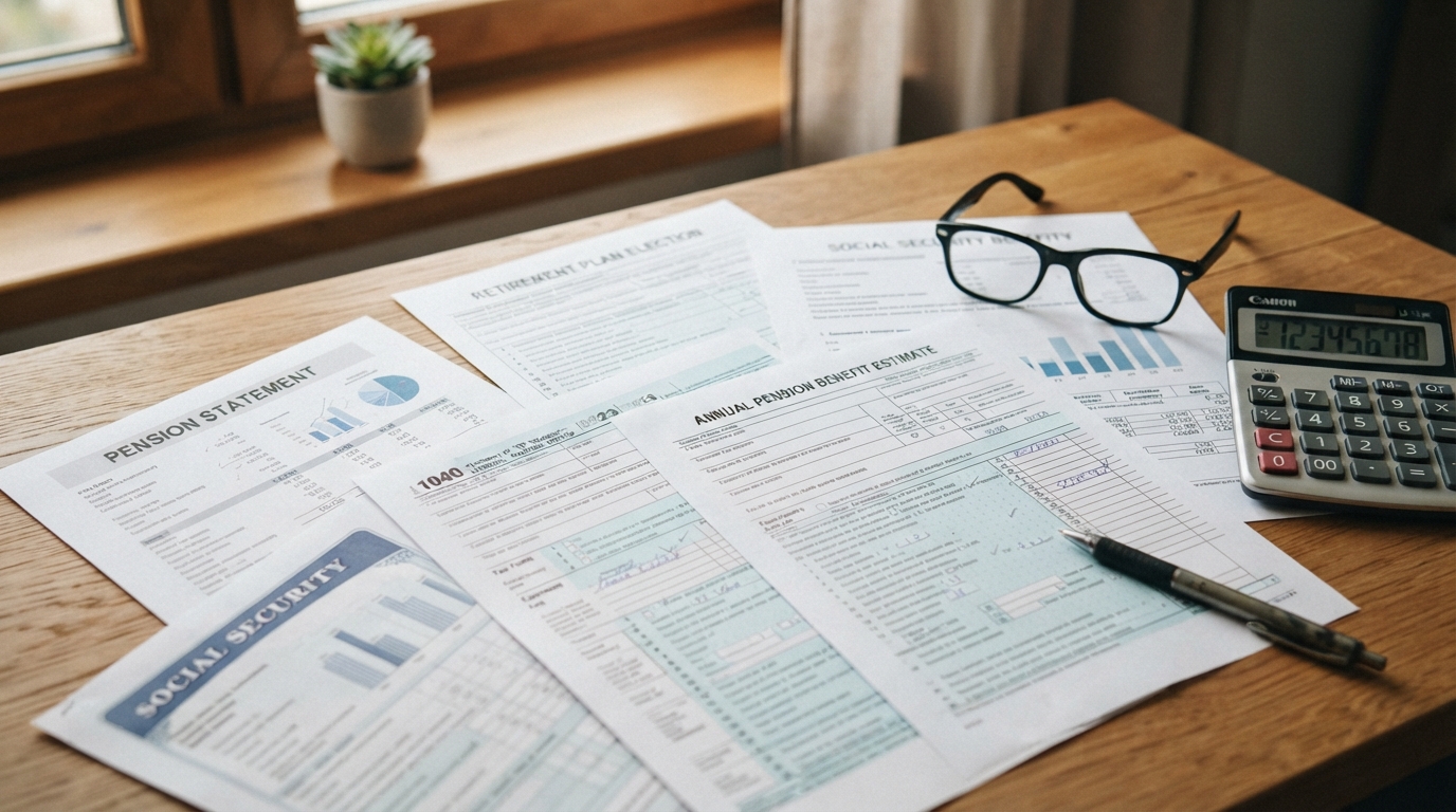 Documents de pension de retraite et formulaires fiscaux sur un bureau avec calculatrice