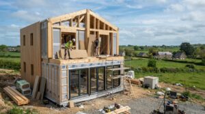 Chantier d'une maison passive en bois avec isolation renforcée dans l'ouest de la France