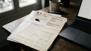 Courrier fiscal posé sur un bureau à côté d'un ordinateur portable
