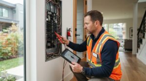 Un diagnostiqueur immobilier en tenue professionnelle effectue un contrôle technique dans un logement
