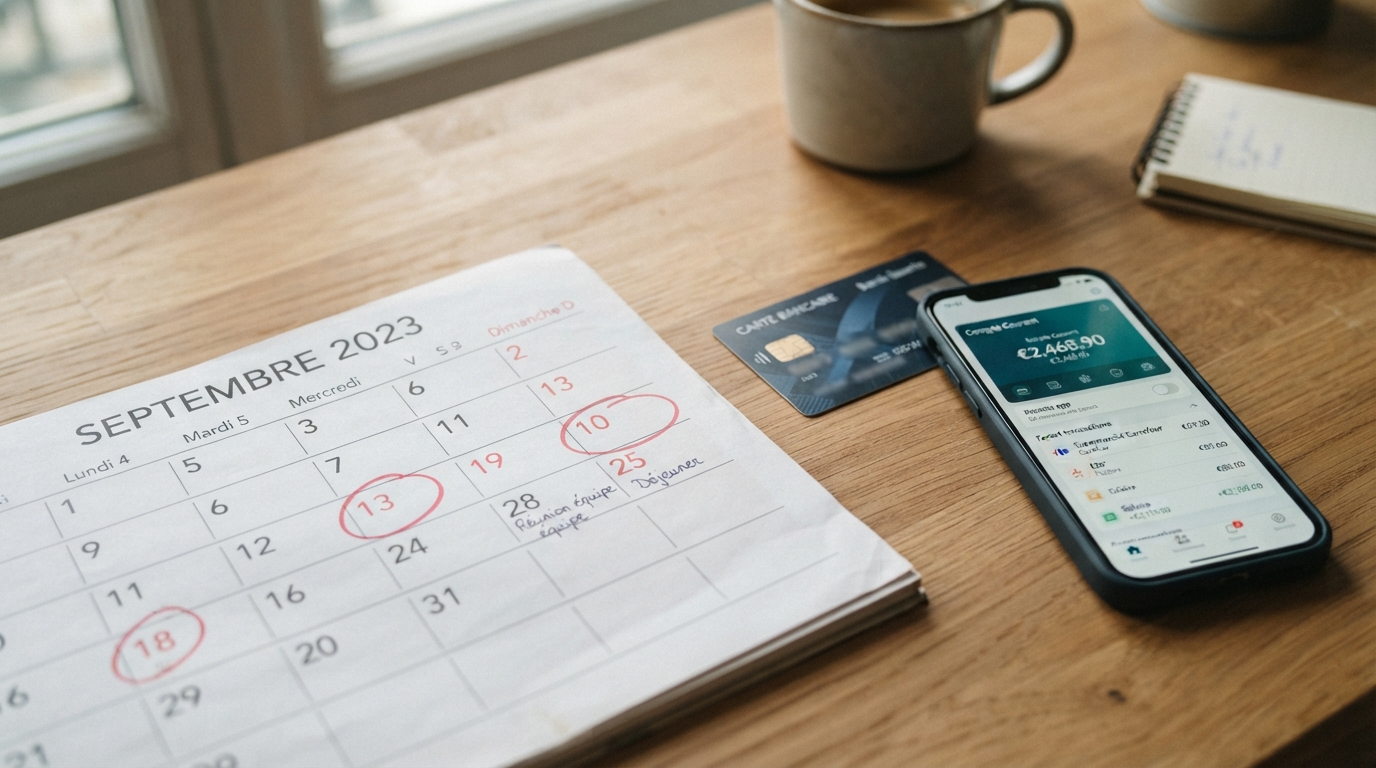 Calendrier de septembre avec dates importantes entourées à côté d'une carte bancaire et d'un smartphone