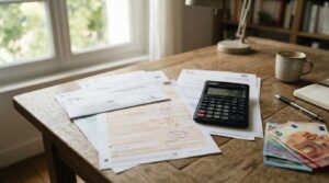 Documents fiscaux français et calculatrice sur un bureau avec des billets en euros