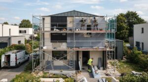 Chantier de rénovation énergétique en cours sur une maison individuelle avec échafaudages et matériaux d'isolation