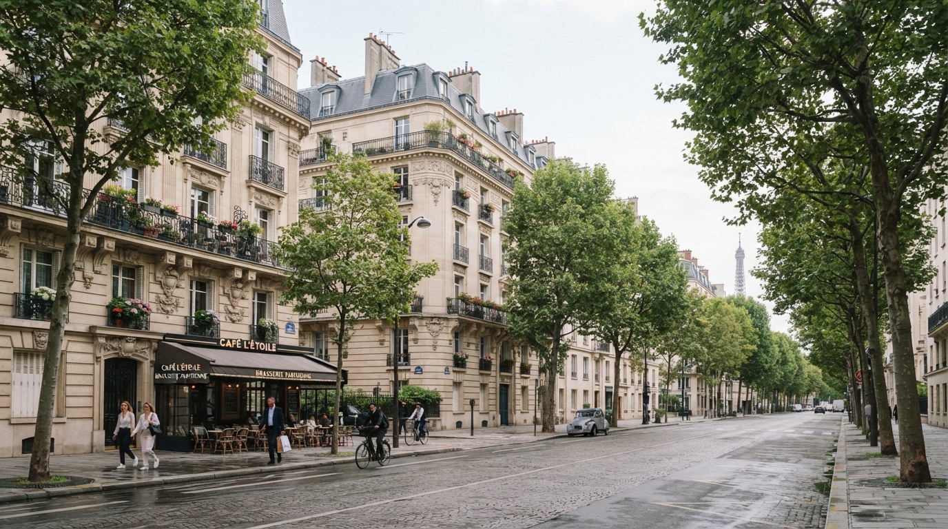 Immeubles haussmanniens dans un quartier parisien résidentiel avec façades élégantes