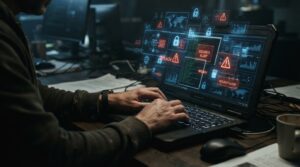Personne utilisant un ordinateur avec des symboles de sécurité numérique illustrant la cybercriminalité