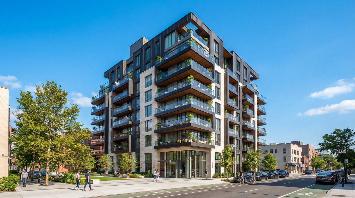 Façade d'immeuble résidentiel moderne illustrant l'investissement immobilier et la détention de biens
