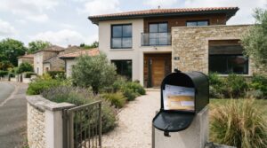 Façade de maison française avec boîte aux lettres contenant des documents fiscaux relatifs à la taxe foncière