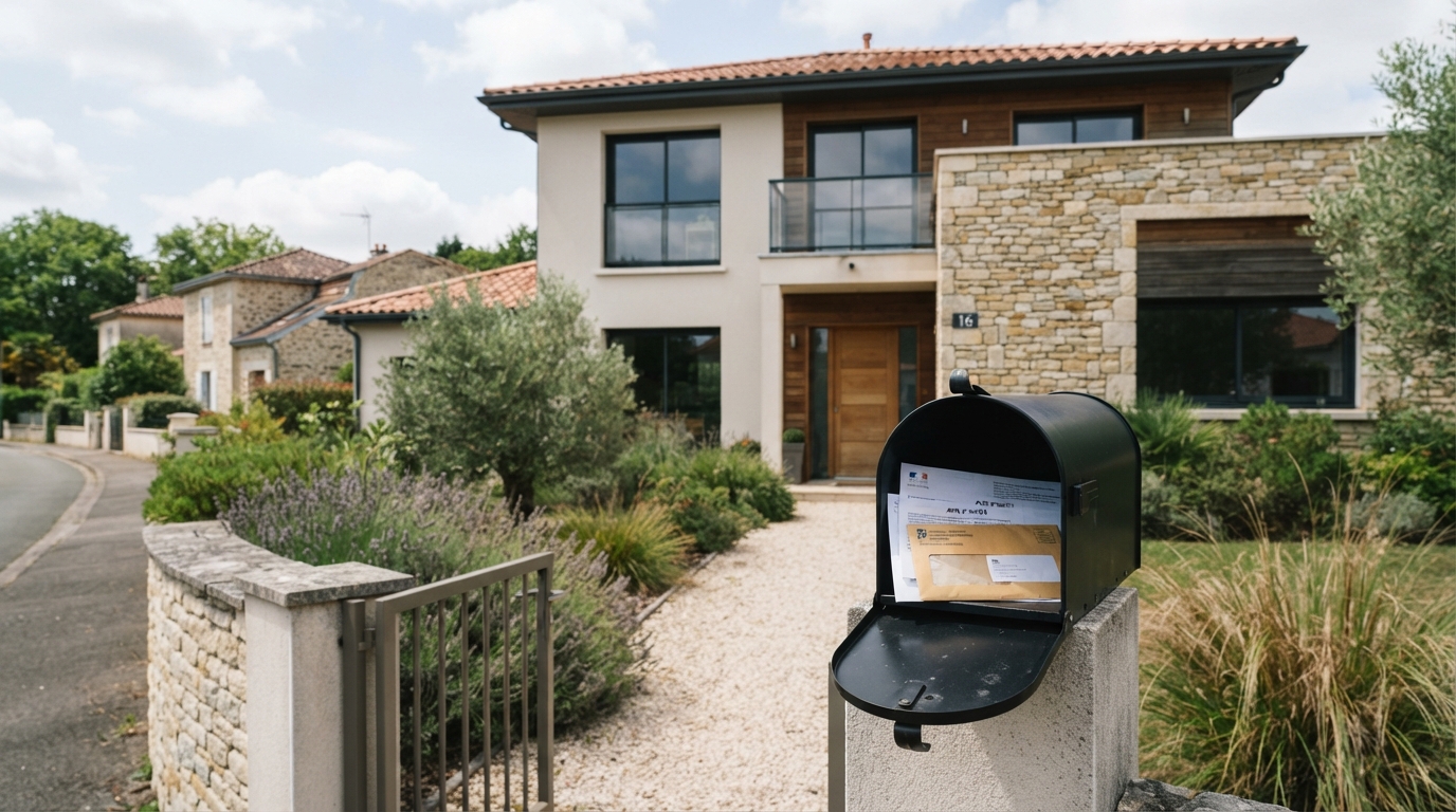 Façade de maison française avec boîte aux lettres contenant des documents fiscaux relatifs à la taxe foncière