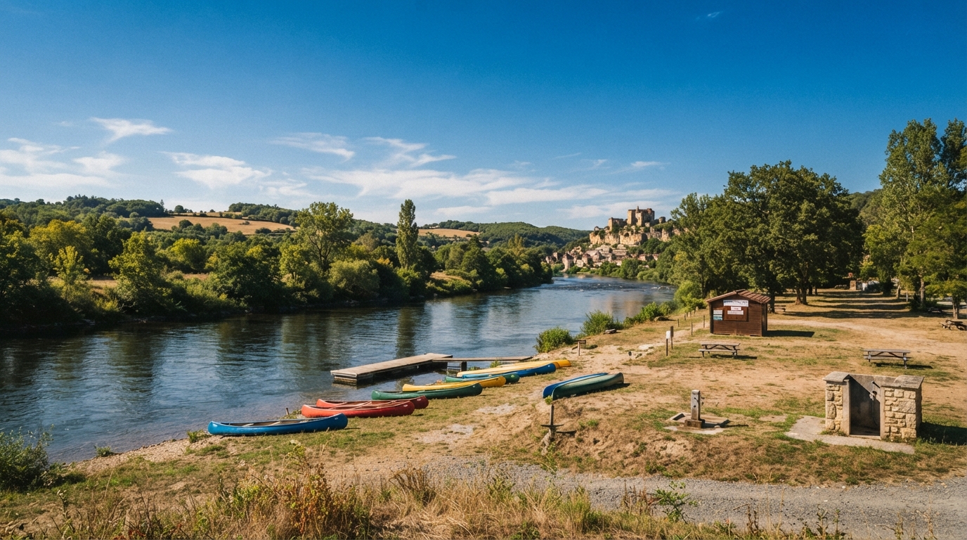 Camping au bord d'une rivière en Ardèche avec des emplacements vides durant l'été