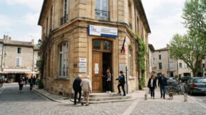 Façade d'un centre des finances publiques en France avec des usagers