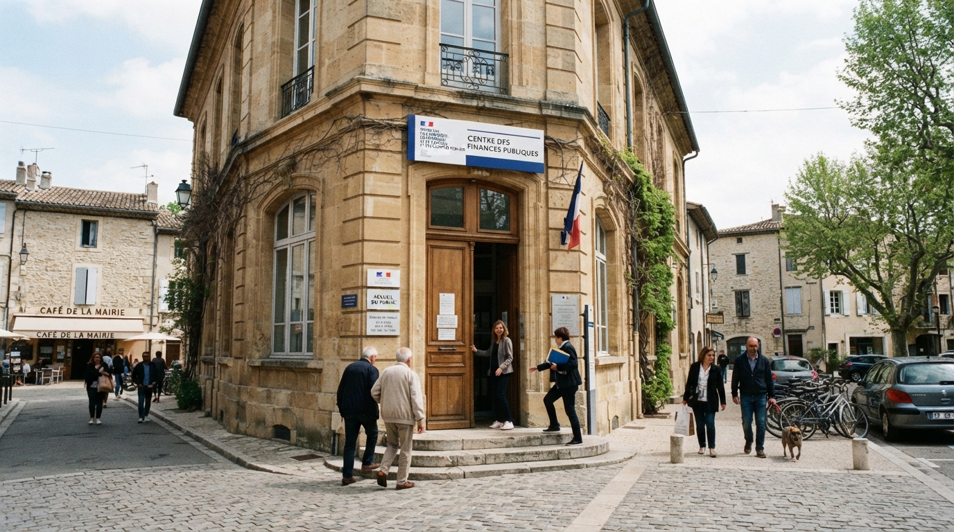 Façade d'un centre des finances publiques en France avec des usagers