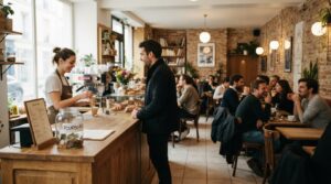 Intérieur d'un café avec un pot sur le comptoir symbolisant une initiative solidaire