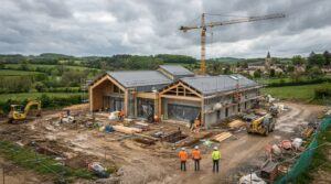 Salle polyvalente en construction dans une commune française avec matériaux et équipements de chantier