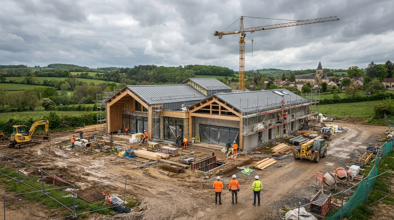 Salle polyvalente en construction dans une commune française avec matériaux et équipements de chantier
